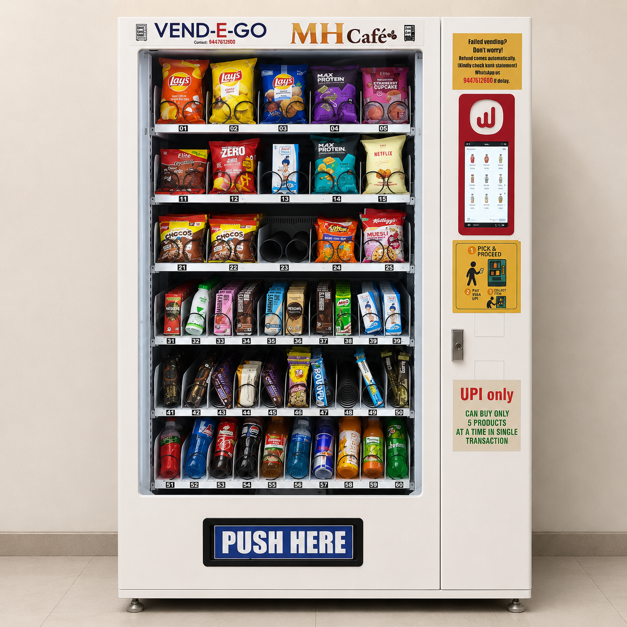 Modern Vend-e-Go smart vending machine stocked with snacks and cashless payment options