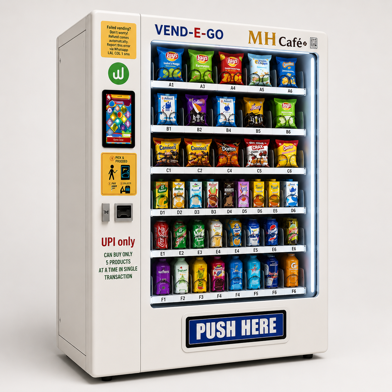 Modern Vend-e-Go smart vending machine stocked with snacks and cashless payment options