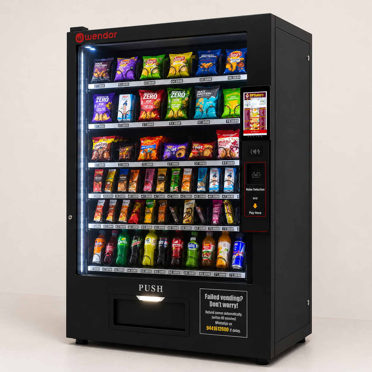 Modern Vend-e-Go smart vending machine stocked with snacks and cashless payment options